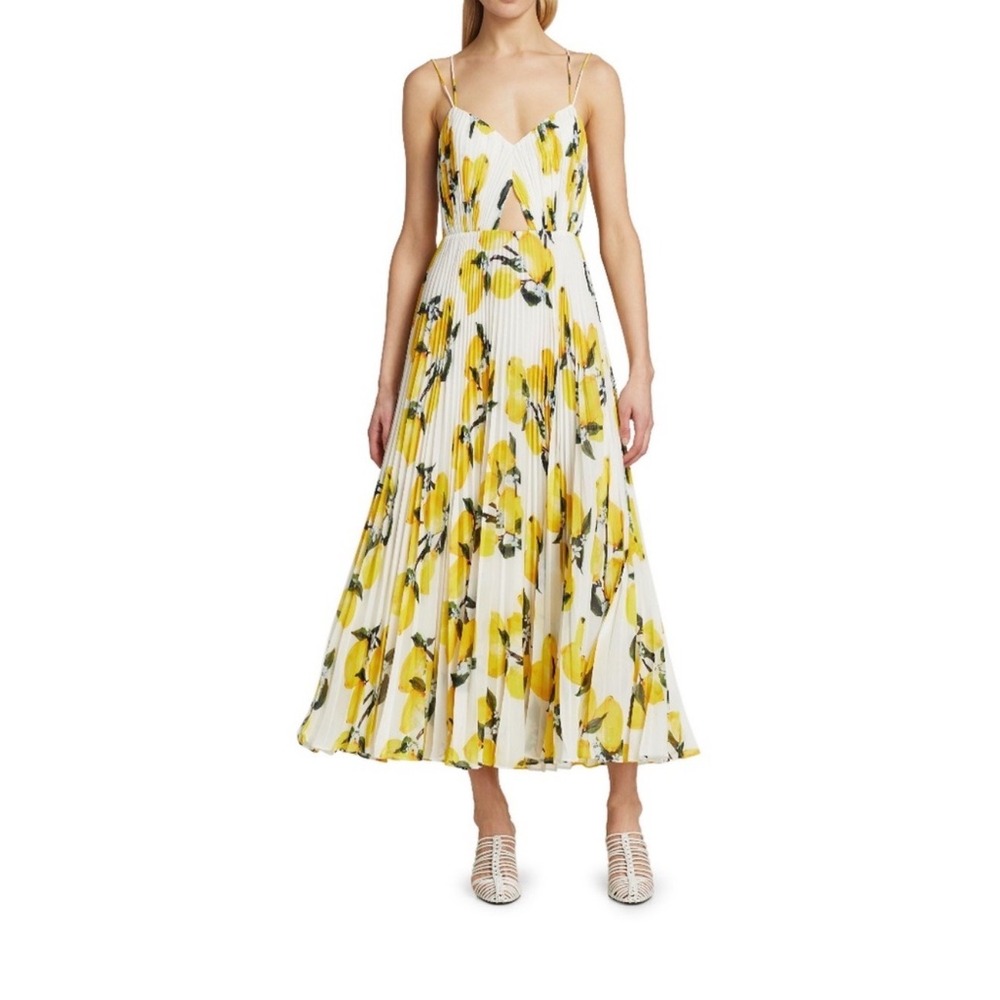 AMUR Women Yellow Lemon Print Pleated Maxi Dress Cutout V-Neck White Size 4